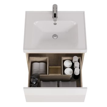 Тумба PERFECTO, 60 см, подвесная, 1 ящик, дуб эврика/белый глянец — фото 9, Тумбы под раковину