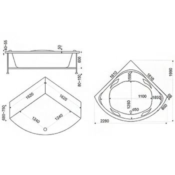 Акриловая ванна Bas Ривьера 161x161 В 00029 без гидромассажа — фото 2, Акриловые ванны