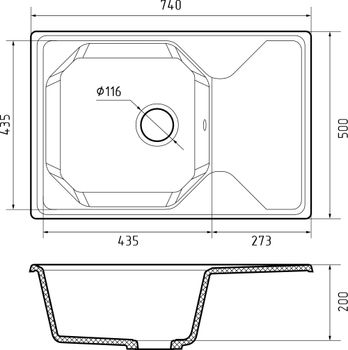 GRANFEST Мойка UNIQUE 740L 1-чаша+крыло 740*500мм иней арт.GF- — фото 3, Кухонные мойки