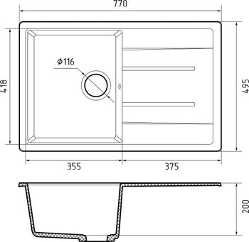 GRANFEST Мойка QUADRO 780L 1-чаша+крыло 770*495мм иней арт.GF- — фото 3, Кухонные мойки