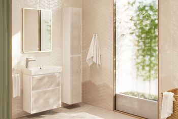 Тумба SLIM, 55 см, подвесная/напольная, 2 ящика, белый глянец / бетон — фото 6, Тумбы под раковину