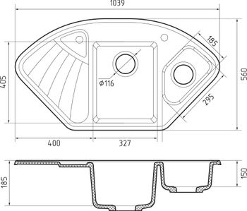 GRANFEST Мойка CORNER 1040E угловая 1,5-чаши+крыло 1039*560мм иней арт.GF- — фото 3, Кухонные мойки