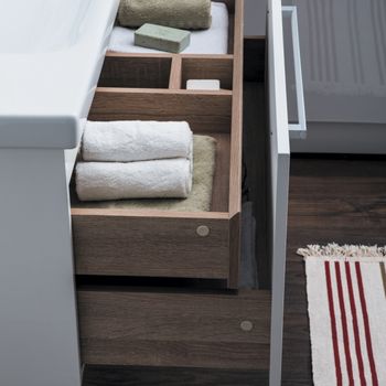 Тумба BIG INN, 80 см, подвесная, 1 ящик + выдвижной внутренний ящик, белый глянец — фото 12, Тумбы под раковину