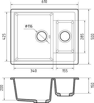 GRANFEST Мойка QUADRO 610K 1,5-чаши 610*500мм иней арт.GF- — фото 3, Кухонные мойки