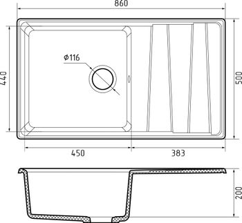 GRANFEST Мойка LEVEL 860L 1-чаша+крыло 860*500мм иней арт.GF- — фото 3, Кухонные мойки