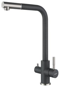 GRANFEST QUARZ Смеситель для кухни Г-обр. с краном питьевой воды D-35мм темно-серый арт. GF- — фото 1, Смесители для кухни