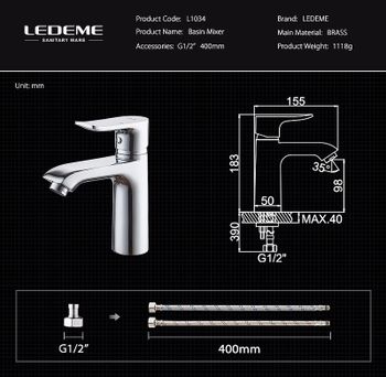 Смеситель для раковины Ledeme H34 1034L Хром — фото 5, Смесители для раковины