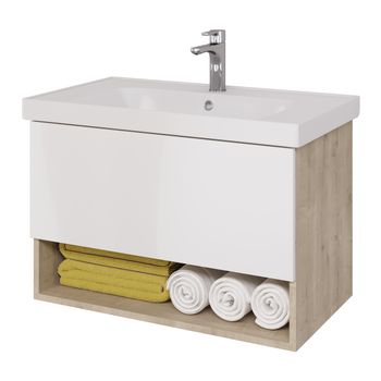Тумба PERFECTO, 90 см, подвесная, 1 ящик, дуб эврика/белый глянец — фото 1, Тумбы под раковину