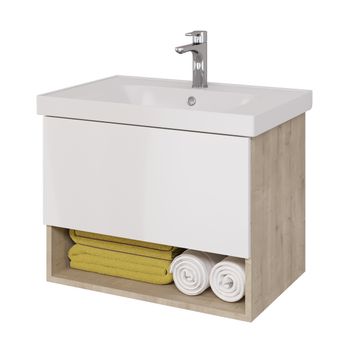 Тумба PERFECTO, 70 см, подвесная, 1 ящик, дуб эврика/белый глянец — фото 1, Тумбы под раковину