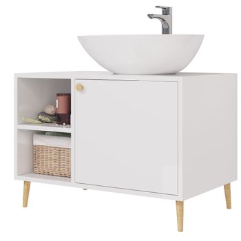 Тумба LUNO, 80см, напольная, 1дв., 2 откр. полки,белый глянец, под ум. Триумф — фото 1, Тумбы под раковину