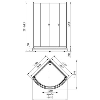 Душевой уголок Radomir Найт 110x110 1-03-6-0-0-0050 профиль Черный стекло прозрачное — фото 2, Душевые уголки четверть круга