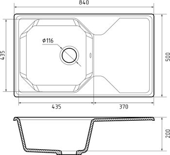 GRANFEST Мойка UNIQUE 840L 1-чаша+крыло 840*500мм иней арт.GF- — фото 3, Кухонные мойки