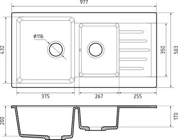 GRANFEST Мойка PRACTIK 980KL 2 чаши+крыло 980*510мм иней арт.GF- — фото 3, Кухонные мойки