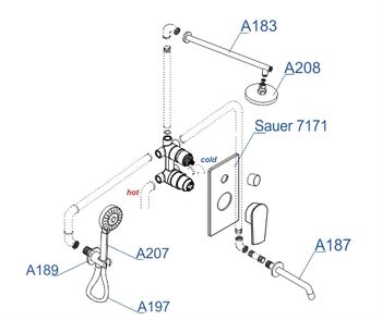 A71208 Встраиваемый комлплект для ванны с верхней душевой насадкой, лейкой и изливом — фото 3, Встраиваемые душевые комплекты