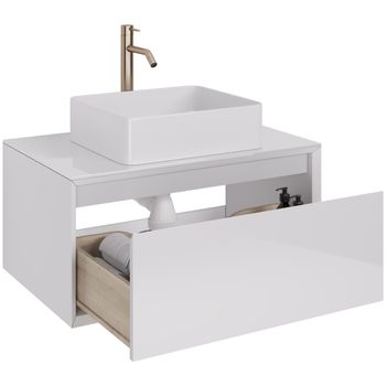 Тумба INSIGHT, 80 см, подвесная, стеклянная столешница с отверстиями для установки накладного умывал — фото 15, Тумбы под раковину