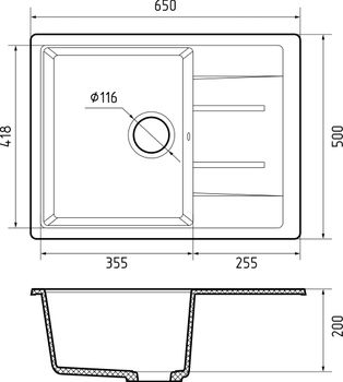 GRANFEST Мойка QUADRO 650L 1-чаша+крыло 650*500мм иней арт.GF- — фото 3, Кухонные мойки