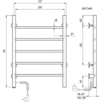 Электрический полотенцесушитель Domoterm Аврора DMT 109-5 50x71 EK L Хром — фото 2, Электрические полотенцесушители