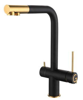 Товар: Rivelato Смеситель для кухни Lugano Г-обр. с краном питьевой воды D-35мм nero oro арт. - фото 1 Rivelato Смеситель для кухни Lugano Г-обр. с краном питьевой воды D-35мм nero oro арт. — фото 1, Смесители для кухни