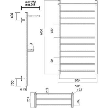 Водяной полотенцесушитель Domoterm Медея сп2 П10 500x1000 с двумя полками Хром — фото 2, Водяные полотенцесушители