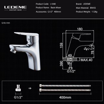 Смеситель для раковины Ledeme H40 1040L Хром — фото 5, Смесители для раковины