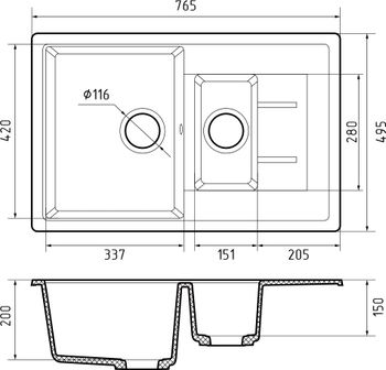 GRANFEST Мойка QUADRO 775KL 1,5-чаши+крыло 765*495мм серый арт.GF- — фото 3, Кухонные мойки