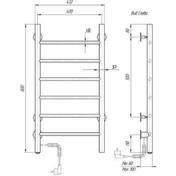 Электрический полотенцесушитель Domoterm Аврора DMT 109-6 40x80 EK L Хром — фото 2, Электрические полотенцесушители