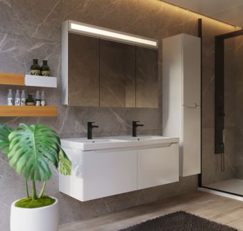 Шкаф зеркальный UNI, 80 см, 3 дверцы, 6 стеклянных полок, с подсветкой и выключателем, белый — фото 2, Зеркальные шкафы в ванную