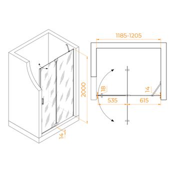 Душевая дверь 120*200 RGW HO-014-B Чёрный/Матовое/8 мм (EasyClean) — фото 2, Распашные душевые двери