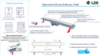 Душевой лоток Drain Leo-11-60 прямой 600 хром Ø 40 мм на ножках, с переходником 40/50 — фото 5, Душевые лотки