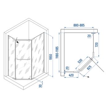 Душевой уголок INRAIN VIN-091 /  90х120х195 / Трапеция ассиметрия / Чёрный / Прозрачное / 6 мм — фото 2, Душевые уголки трапеция
