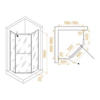 Душевой уголок  80*90*195 RGW PA-091 Трапеция/Хром/Прозрачное/6 мм (EasyClean) — фото 2, Душевые уголки трапеция
