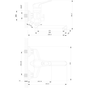 Luna Смеситель для ванны, плоск.пов.излив 200мм лейка, р/ОД, хром, LM, LM4113C — фото 2, Лейки для душа