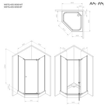 W87G-405-9090-MT Sunny душ огражд 5-угольн, распашн дверь 90x90 серебро,стекло прозрачн — фото 7, Душевые кабины и ограждения