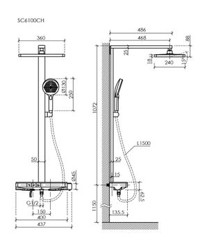Душевая стойка SANCOS Vos с термостатическим смесителем, изливом, полкой, шлангом 1,5 м, верхним и ручным душем, цвет хром, арт. SC6100CH — фото 10, Душевые стойки