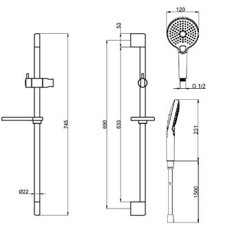AQM8101BG Душевой гарнитур H=790мм, Ø120 мм, 3 режима, мыльница, шланг 1500мм, медь шлифованная AQM8101BC — фото 2, Душевые гарнитуры