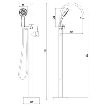 Atlantiss Смеситель для ванны, выс.монлит излив 260мм напольный лейка, р/ОД, хром, LM, LM3244C — фото 3, Лейки для душа