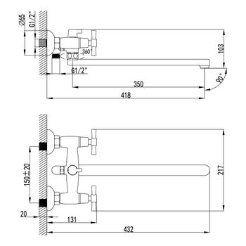 Neo Смеситель для ванны, плоск.пов.излив 350мм лейка, р/ДВ, хром, LM, LM2212C — фото 2, Лейки для душа