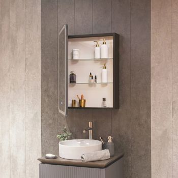 AQM9204 600х800 Зеркальный шкаф ЛЕВЫЙ с подсветкой, подогревом и часами, корпус Антрацит — фото 4, Зеркальные шкафы в ванную