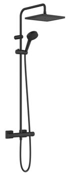 Душевая стойка, Hansgrohe, Vernis Shape, EcoSmart, смеситель-в комплекте, тип регулирования воды-термостатический картридж, с регулируемым ограничителем температуры горячей воды, штанга-есть, верхний душ-есть, форма верхнего душа-квадратная, размер верхнего душа,мм-240, держатель верхнего душа-есть, вынос, мм-426, количество режимов верхнего душа-1, тип струи-Rain, ручной душ-в комплекте, количество режимов ручного душа-2, тип струи-Rain, IntenseRain, держатель ручного душа-есть, шланг-есть, цвет-черный матовый 26429670 — фото 1, Душевые стойки