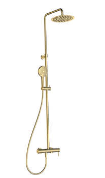 AQM8011BG Душевая система со смесителем и изливом, Ø250, лейка 3 реж, 1100-1500мм, золото шлифован — фото 1, Душевые системы