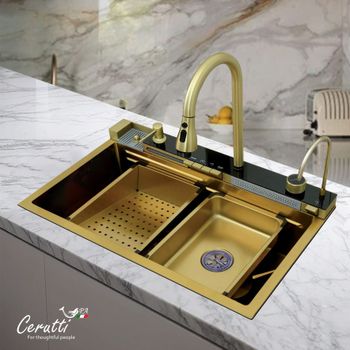 Многофункциональная мойка GLORIA Nano Gold (золото) из нержавеющей стали, кухонная (750х460х230) Ceruttispa CT10355 — фото 1, Кухонные мойки