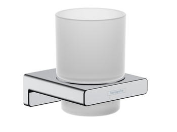 Стакан, Hansgrohe, AddStoris, одинарный, ширина, мм-81, глубина, мм-91, высота, мм-94, настенный, материал стакана-стекло матовое, материал держателя-металл, крепления в комплекте, цвет-хром 41749000 — фото 1, Стаканы для зубных щеток