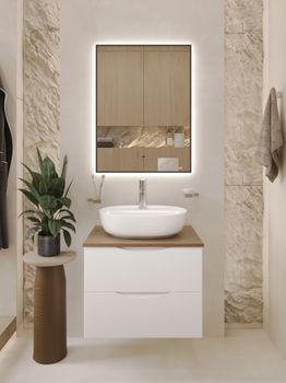 BOND Cube T99605 Тумба подвесная белая со столешницей под дерево без раковины — фото 17, Тумбы под раковину