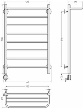 Полотенцесушитель электрический Стилье Формат 20 ТЛ 800х500 (Полка + 7) П16 Без покрытия 00521-8050 — фото 3, Электрические полотенцесушители
