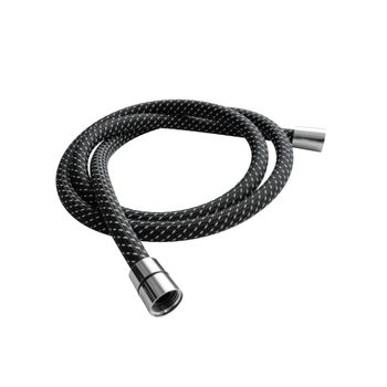 AQM1503CR Шланг душевой текстиль, ПВХ, 1500 мм, с латун конич гайкой и защитой от скруч, хром — фото 1, Душевые шланги