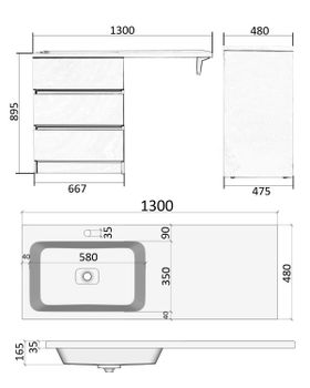 Orange Sistema ST-70TUW+RAL Тумба напольная с левой раковиной 130 см под стиральную машину, белый ST-70TUW+RAL — фото 1, Тумбы под раковину