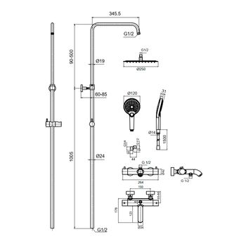 AQM8008BC Душ. сист. с терм. и изливом, Ø250, лейка 3 реж, высота 1100-1500мм, Медь шлифованная — фото 2, Душевые системы