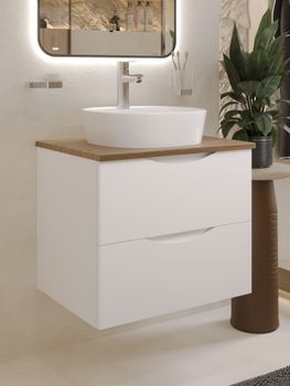 BOND Cube T99605 Тумба подвесная белая со столешницей под дерево без раковины — фото 12, Тумбы под раковину