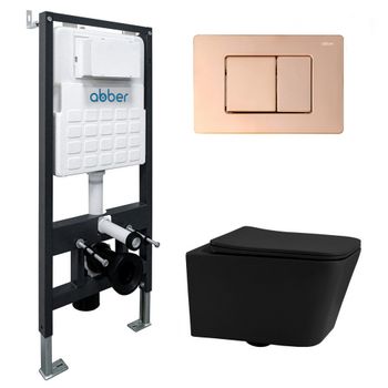 Комплект подвесной унитаз ABBER Rechteck AC1201MB черный матовый с инсталляцией AC0105 и кнопкой AC0120RG золото розовое AC1201MB-AC0105-AC0120RG — фото 1, Комплекты унитаз + инсталляция