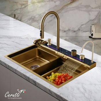 Товар: Многофункциональная мойка GLORIA Pro nano gold (золото) из нержавеющей стали, кухонная (750х460х230) Ceruttispa CT11109 - фото 1 Многофункциональная мойка GLORIA Pro nano gold (золото) из нержавеющей стали, кухонная (750х460х230) Ceruttispa CT11109 — фото 1, Кухонные мойки